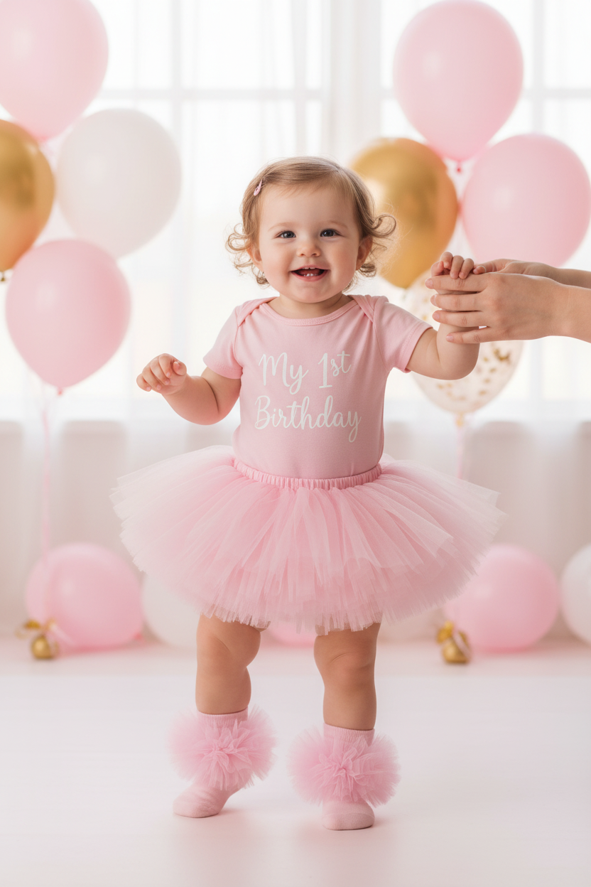 Baby girl standing showing off pink frilly tutu socks with pink birthday tutu outfit