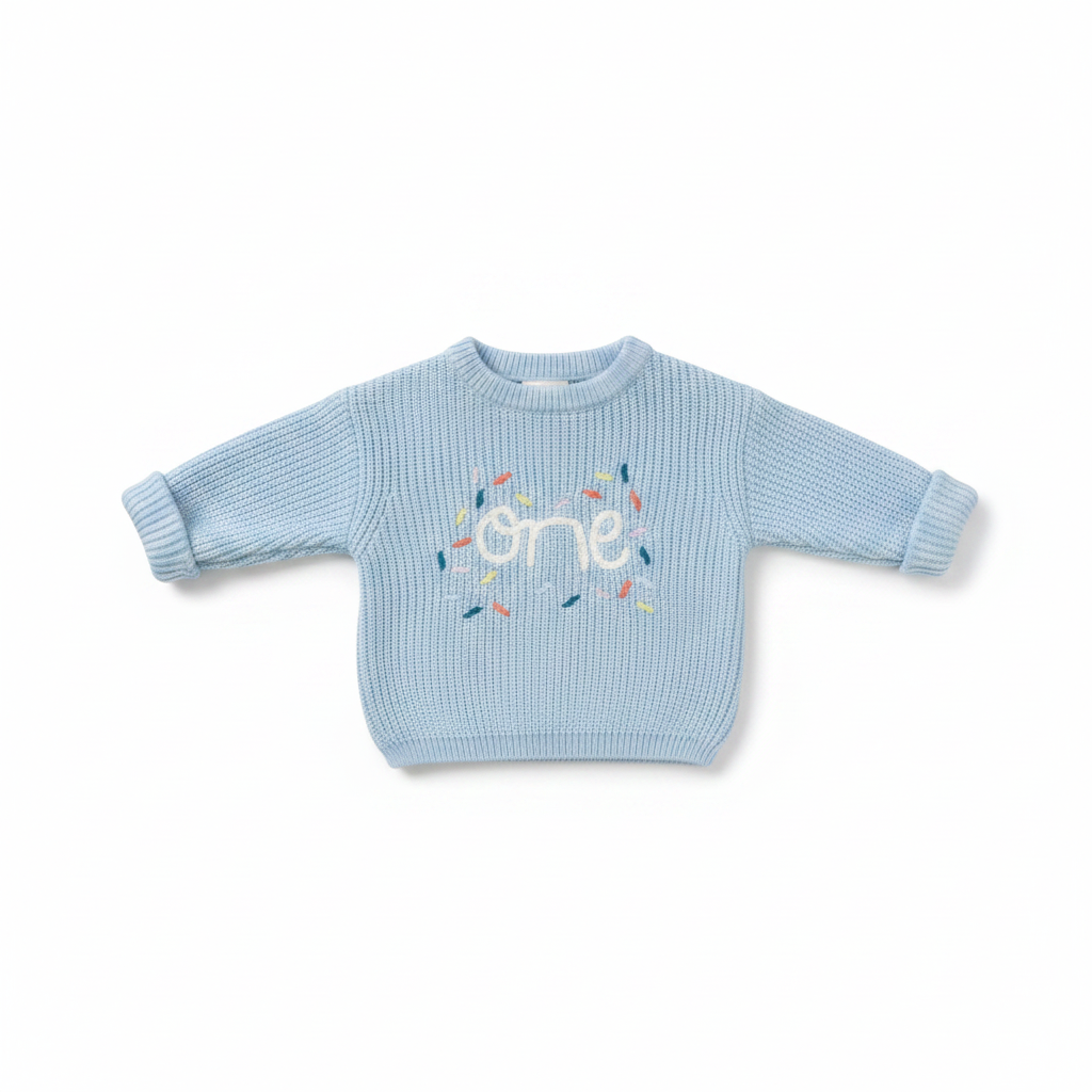 Light Blue Knitted One Jersey flat lay on white background