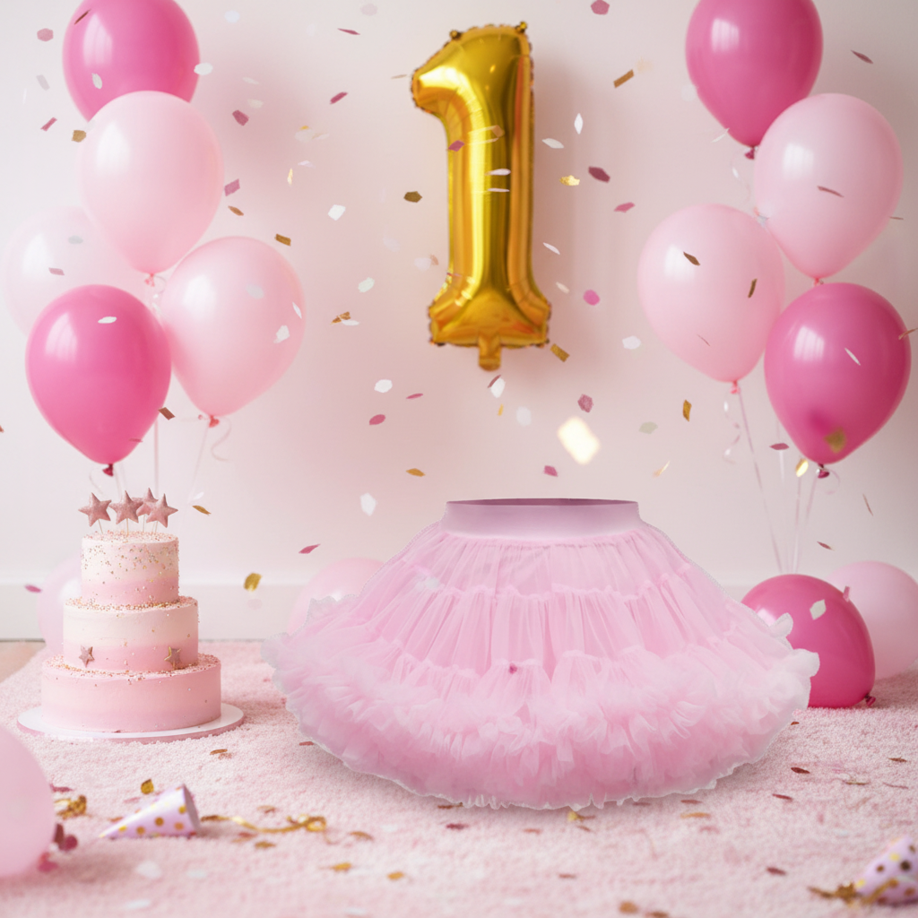 Pink Tutu Skirt styled with pink balloons and birthday cake in a 1st birthday party scene