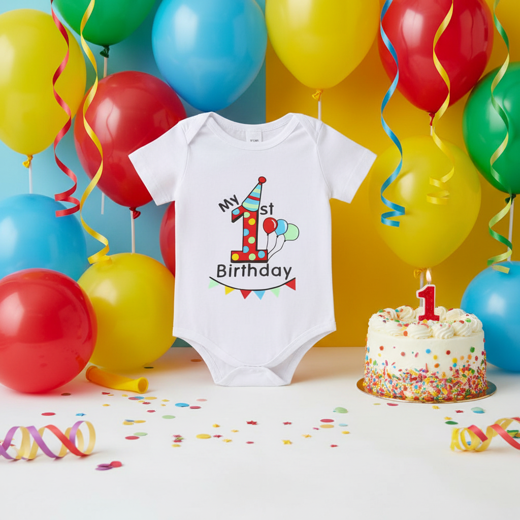 1st Birthday Bodysuit styled with colourful balloons, streamers and confetti