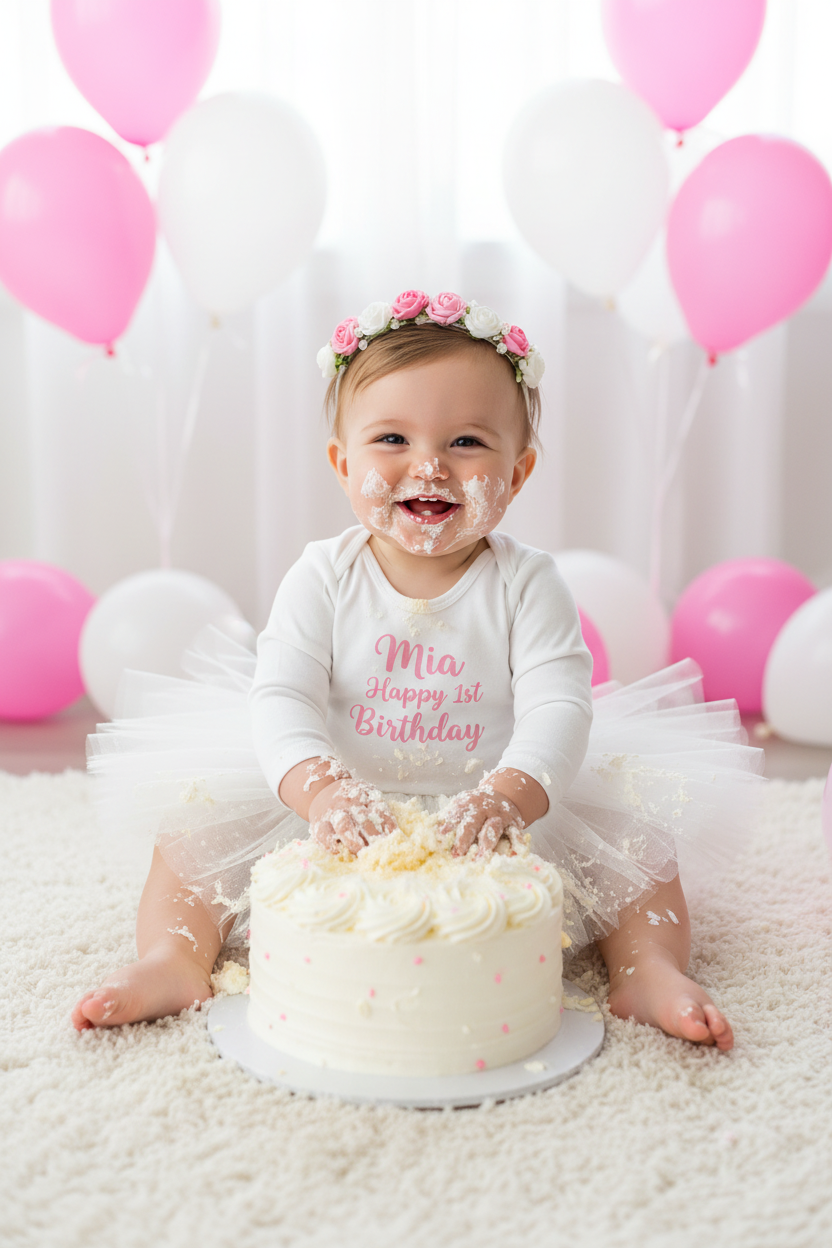 Baby girl wearing personalised Happy 1st Birthday long sleeve vest with white tutu doing a cake smash