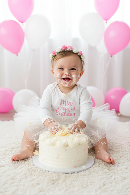 Baby girl wearing personalised Happy 1st Birthday long sleeve vest with white tutu doing a cake smash