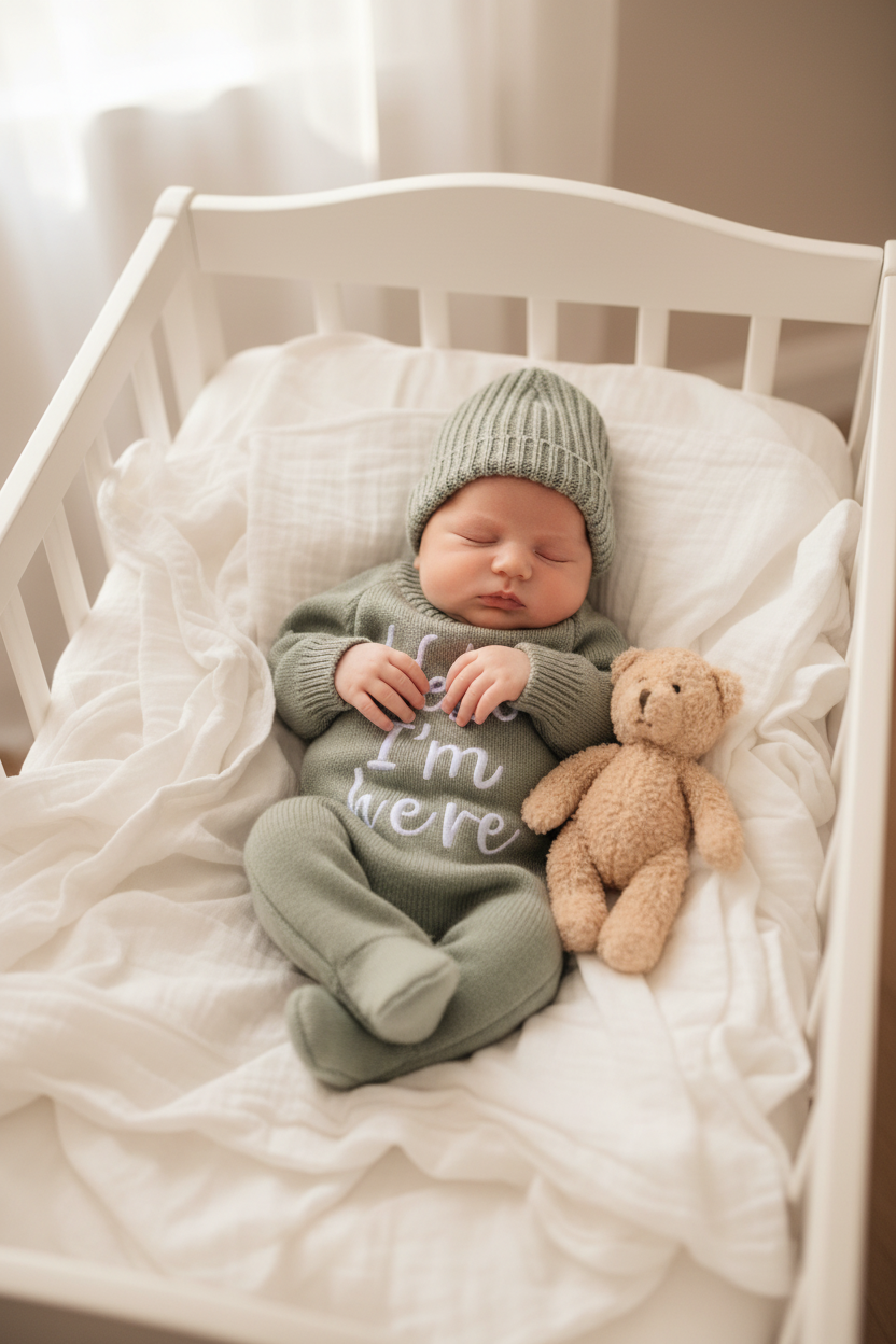 Newborn baby in sage green knitted romper and beanie lying in a white wooden crib