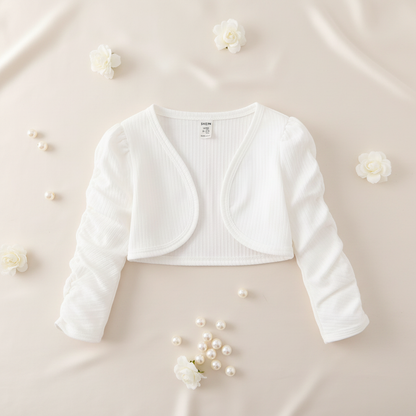 Long Stack Sleeve White Jacket styled with white flowers and pearls on cream background