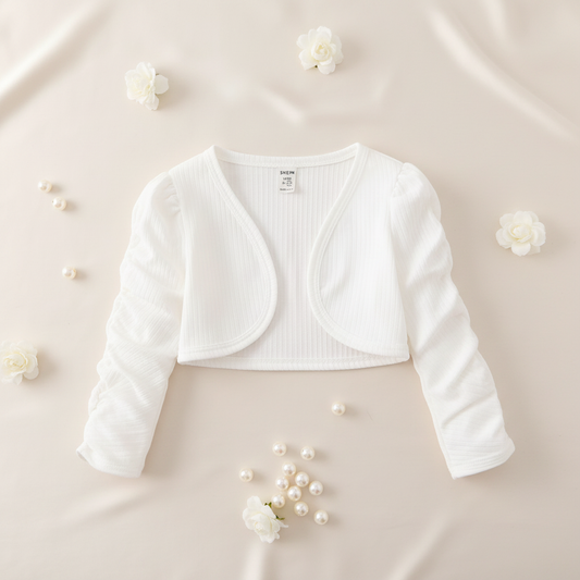 Long Stack Sleeve White Jacket styled with white flowers and pearls on cream background
