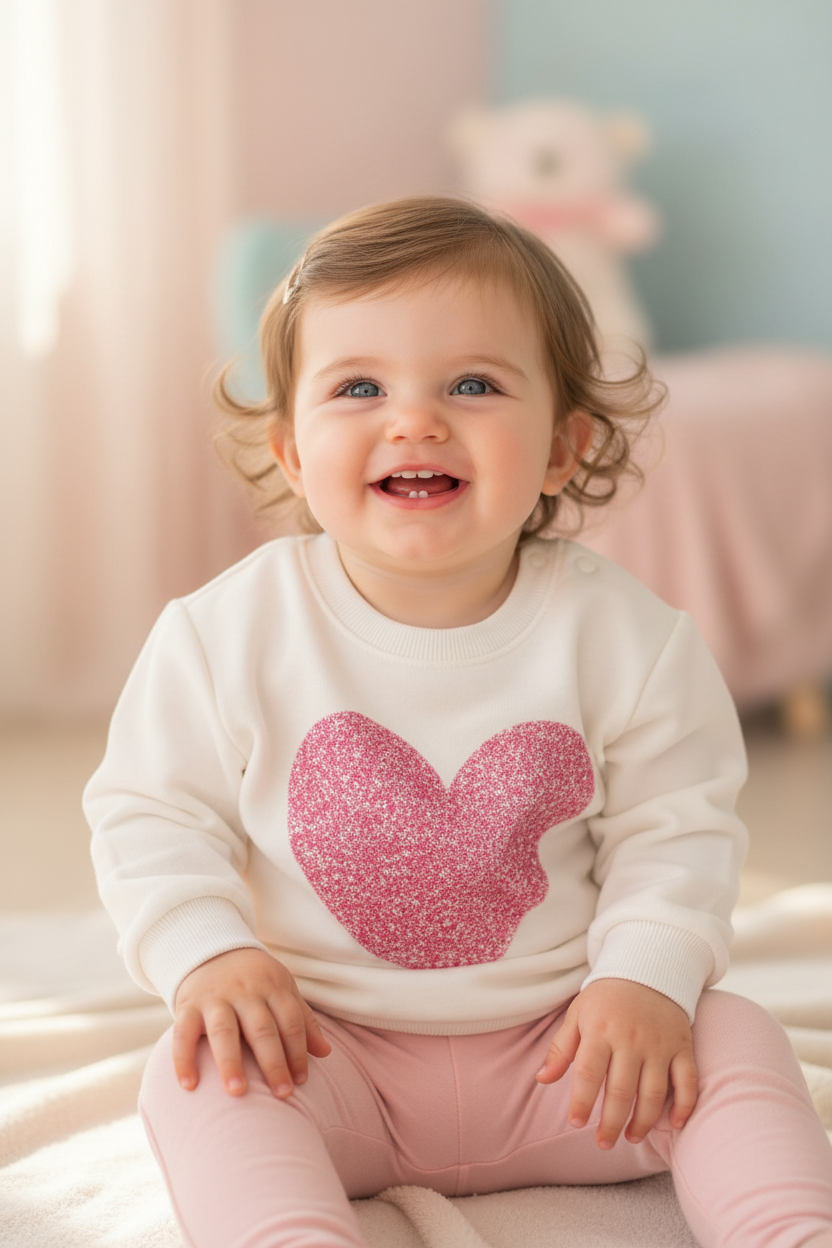 Baby girl wearing the White Heart Crew Neck with pink leggings