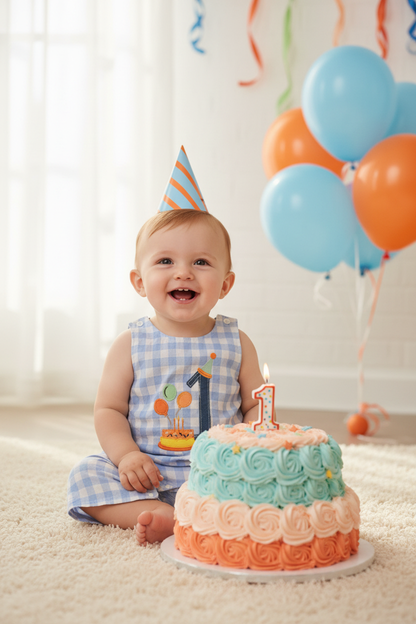 Baby boy wearing the blue gingham 1st birthday romper at his 1st birthday party