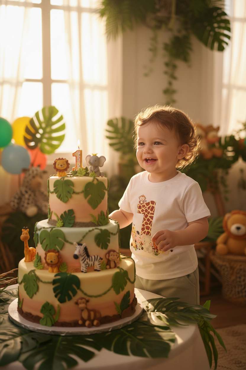Baby boy wearing the 2pc Animal 1st Birthday Safari Set at a jungle themed 1st birthday party
