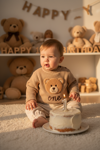Baby boy wearing beige chino pants with the Beige Knitted One Jersey at a 1st birthday party
