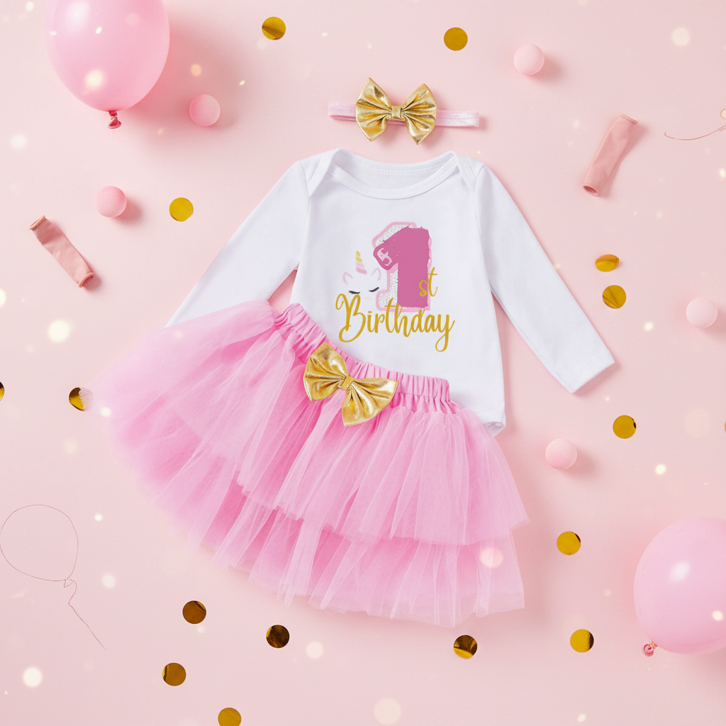 3pc Pink 1st Birthday Tutu Set styled with gold confetti and pink balloons on pastel pink background