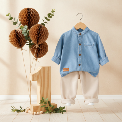 2pc Denim Shirt and Chinos styled with wooden number 1, greenery and kraft paper balloons