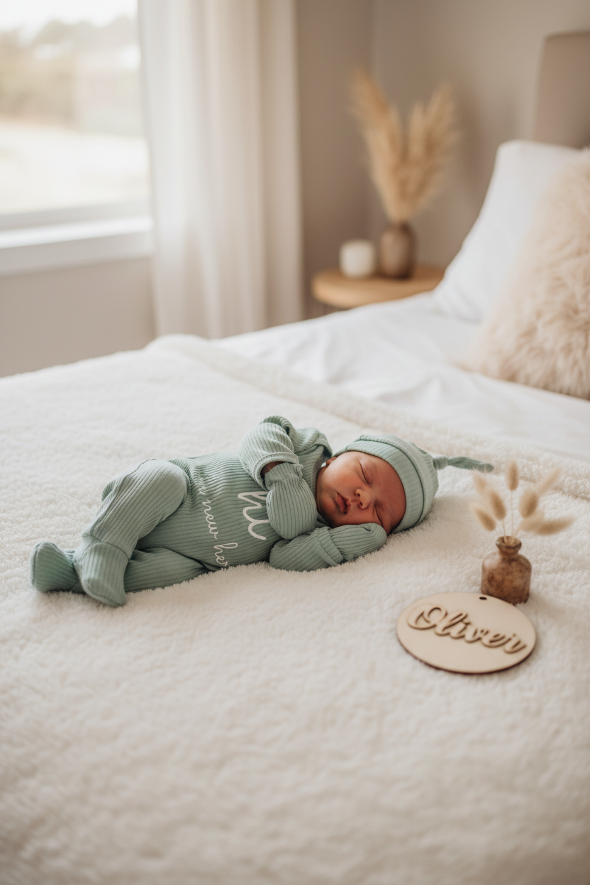 Newborn baby in sage green onesie set lying on a fluffy white blanket at home