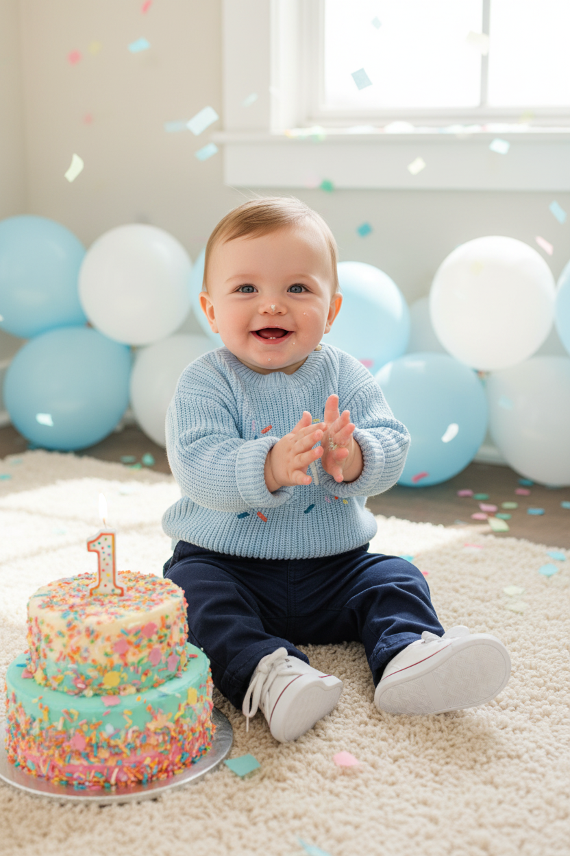 Baby boy wearing the Light Blue Knitted One Jersey with navy chinos at a 1st birthday party