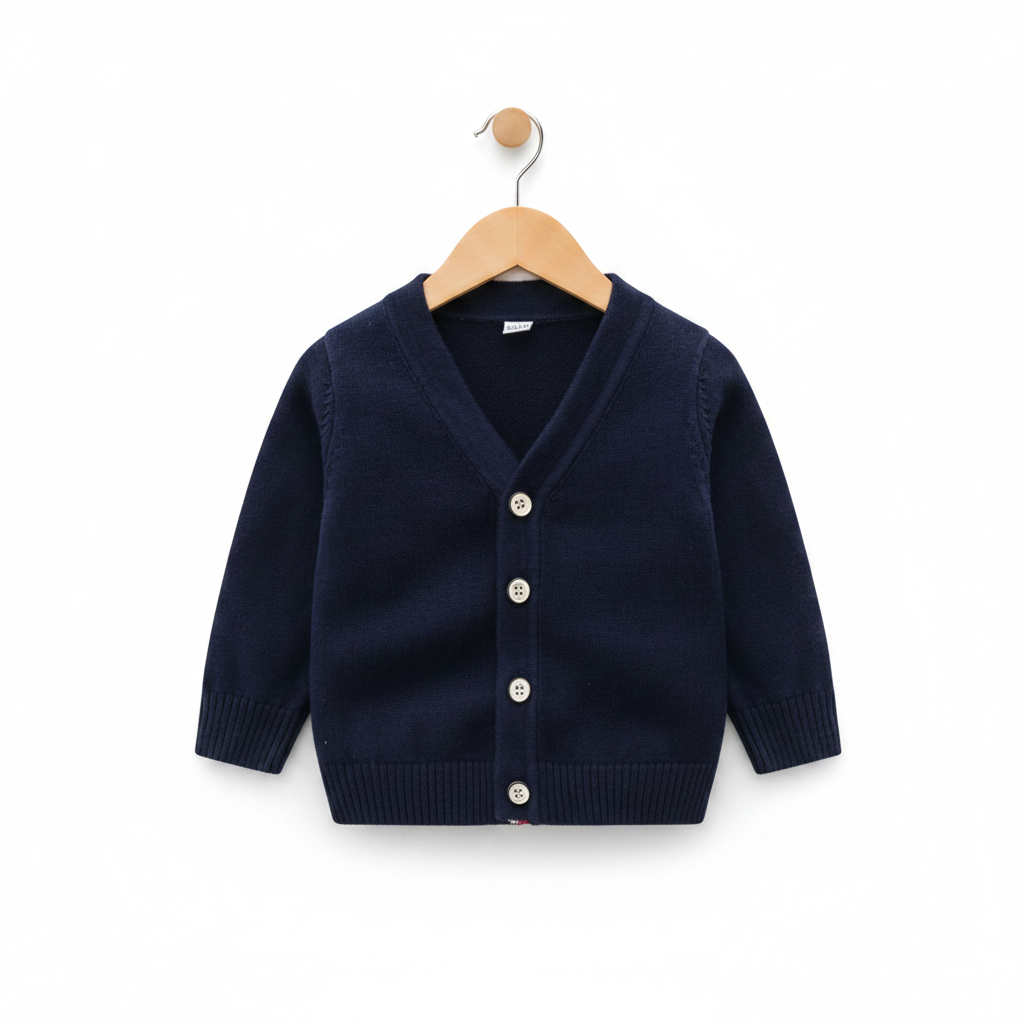Navy Knitted Cardigan flat lay on white background