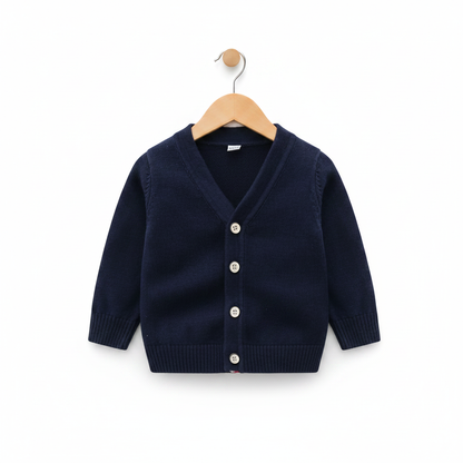 Navy Knitted Cardigan flat lay on white background