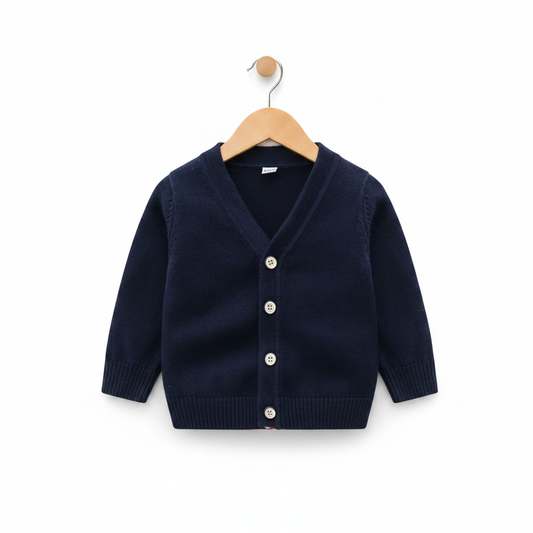 Navy Knitted Cardigan flat lay on white background