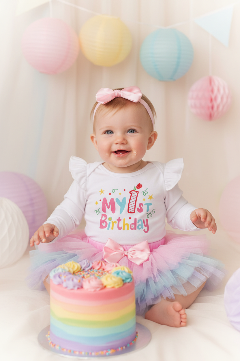 Baby girl wearing the 3pc Multi Colour Ruggle 1st Birthday Tutu Set in front of a rainbow birthday cake