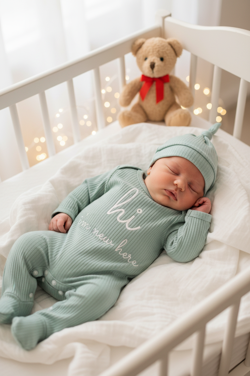 Newborn baby in sage green onesie set lying in a white wooden crib