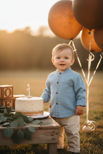 Baby boy wearing the 2pc Denim Shirt and Chinos at a golden hour 1st birthday party