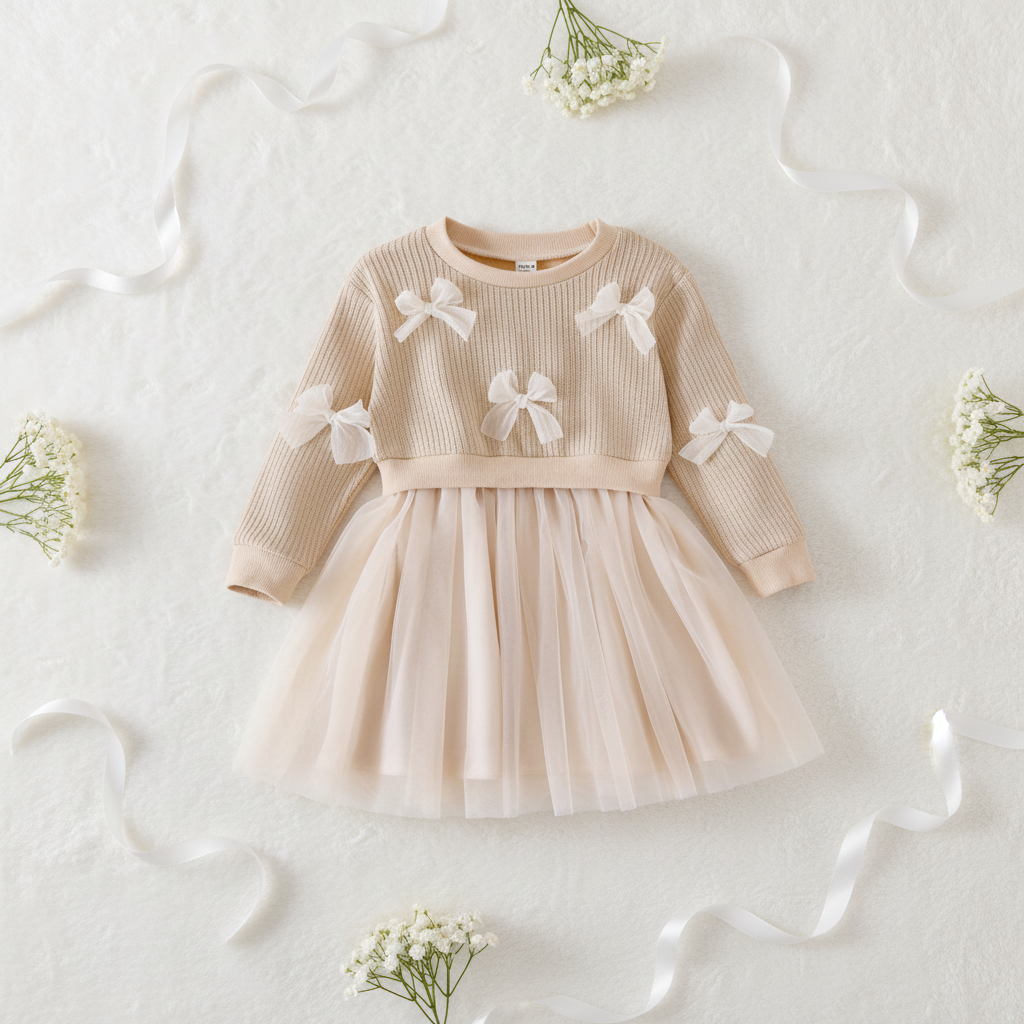 Long Sleeve Bow Dress flat lay with white flowers and satin ribbons