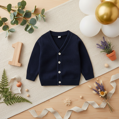 Navy Knitted Cardigan styled with wooden number 1, greenery and white and gold balloons