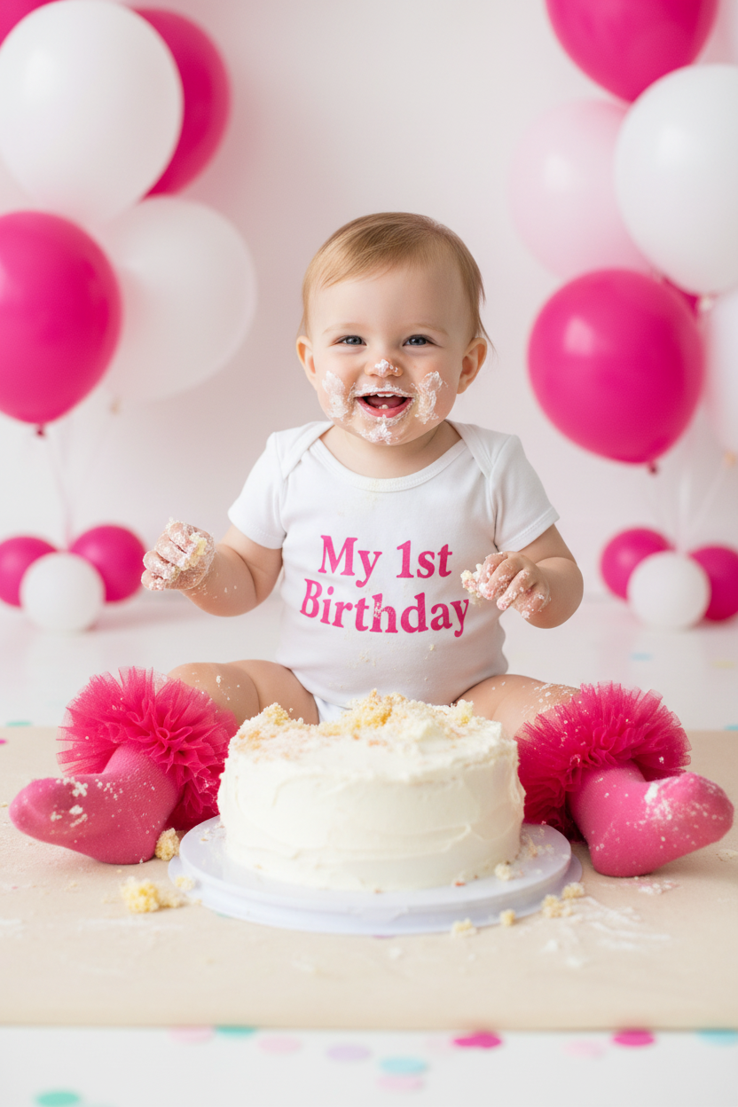 Baby girl wearing cerise pink frilly socks and 1st birthday bodysuit doing a cake smash