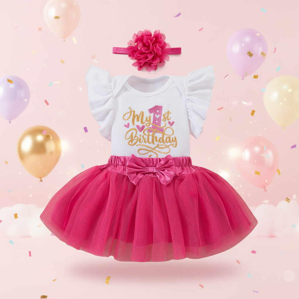 3pc Cerise Pink 1st Birthday Tutu Set styled with balloons and confetti on pastel pink background