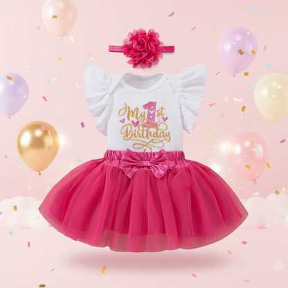 3pc Cerise Pink 1st Birthday Tutu Set styled with balloons and confetti on pastel pink background