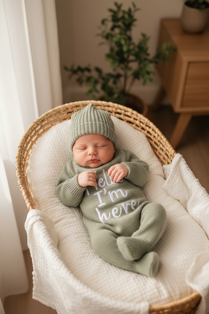 Newborn baby in sage green knitted romper and beanie lying in a wicker moses basket