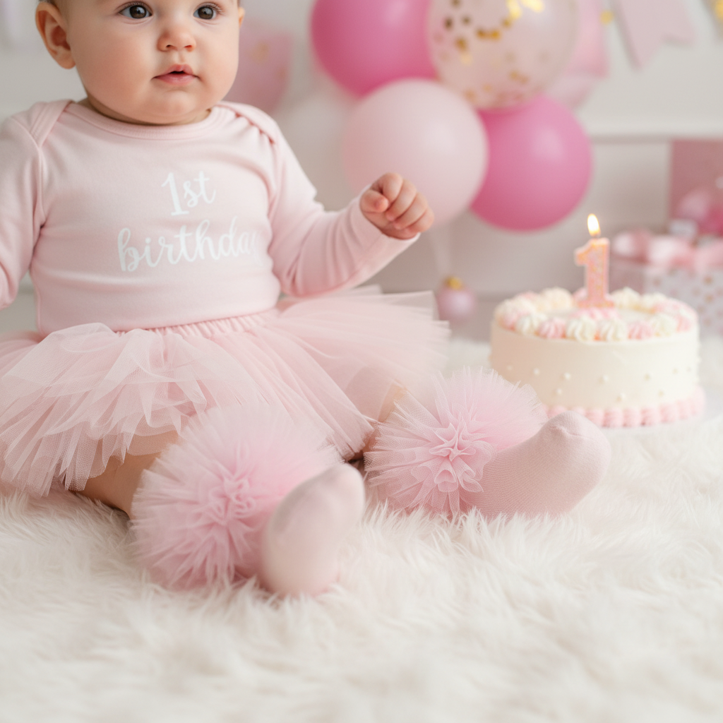 Pink frilly tutu socks paired with pink tutu skirt and 1st birthday bodysuit close up