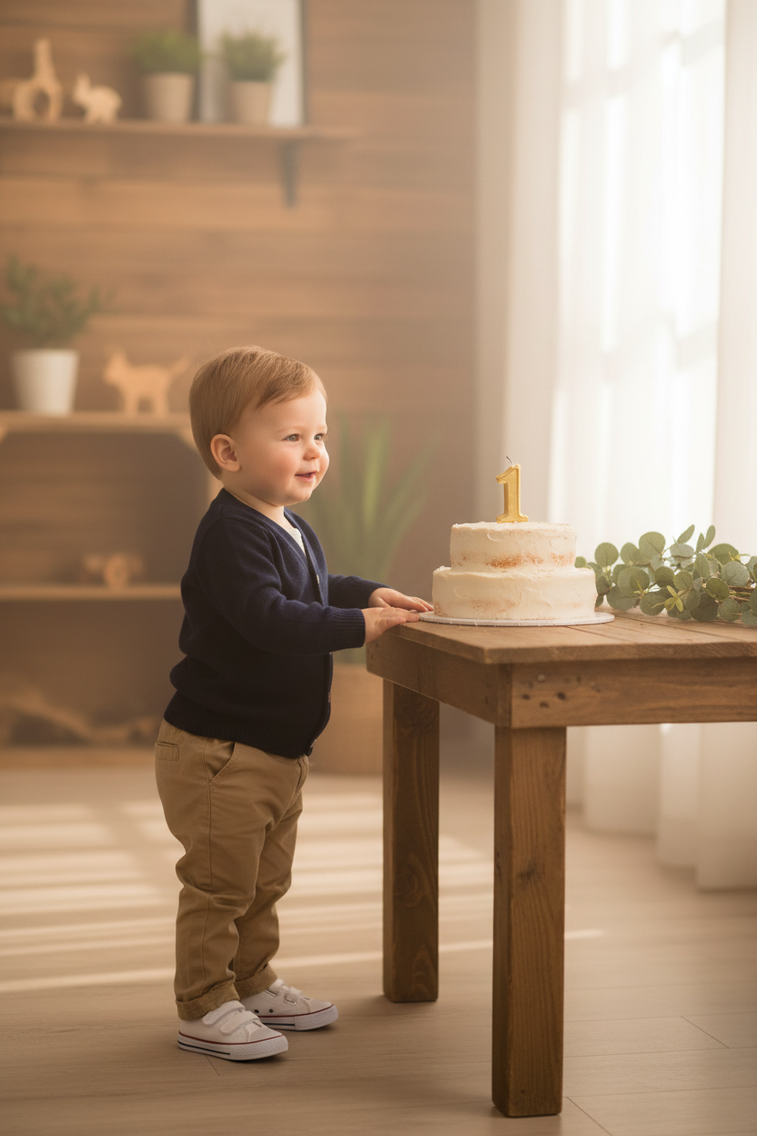 Baby boy wearing the Navy Knitted Cardigan with khaki chinos at a 1st birthday party