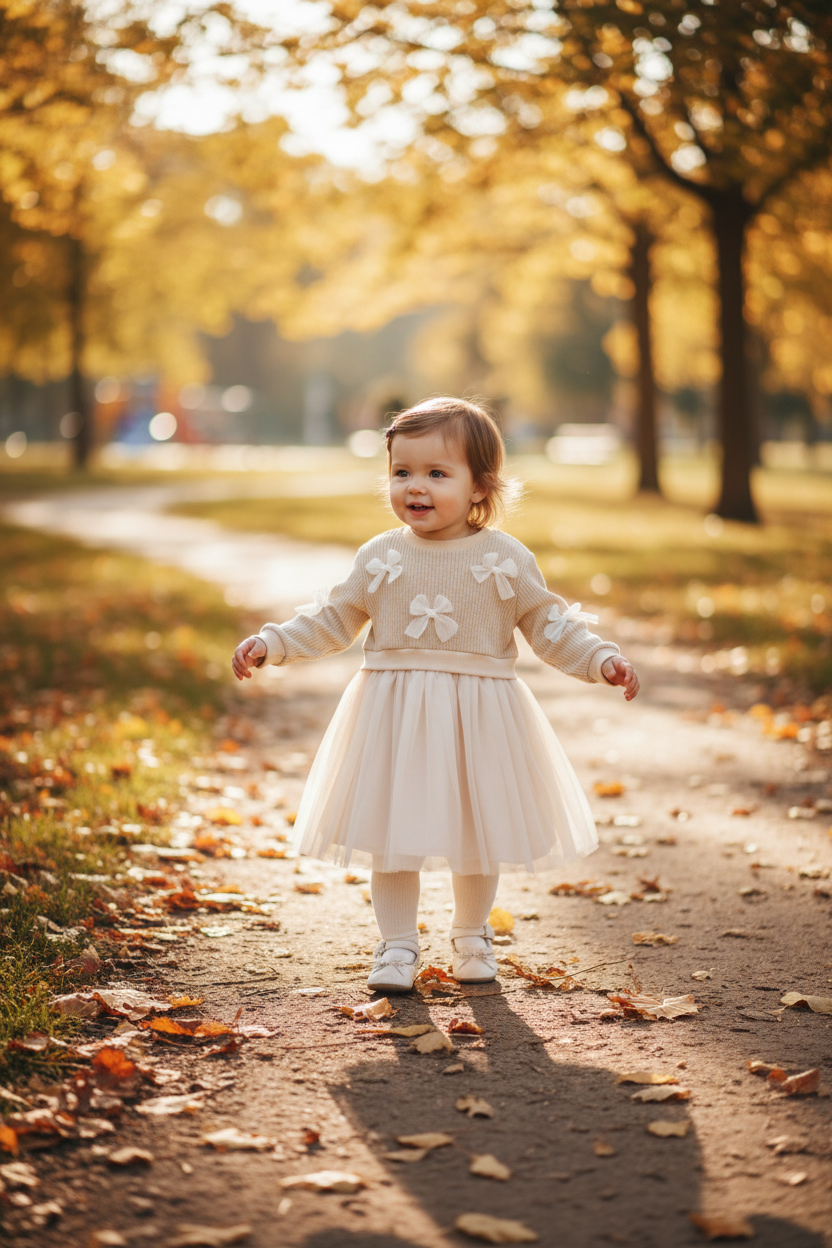 Toddler girl wearing the Long Sleeve Bow Dress on an outdoor outing at the park
