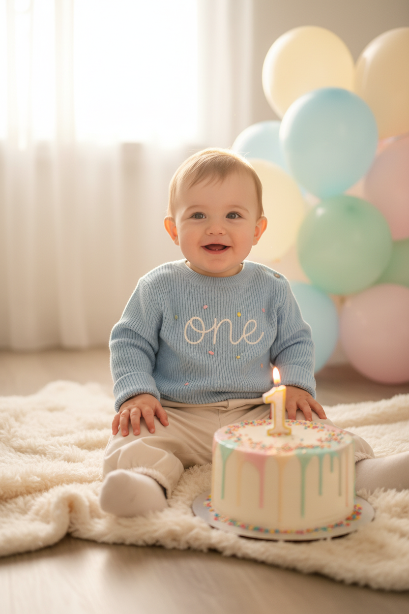 Baby boy wearing cream chino pants with the Light Blue Knitted One Jersey at a 1st birthday party
