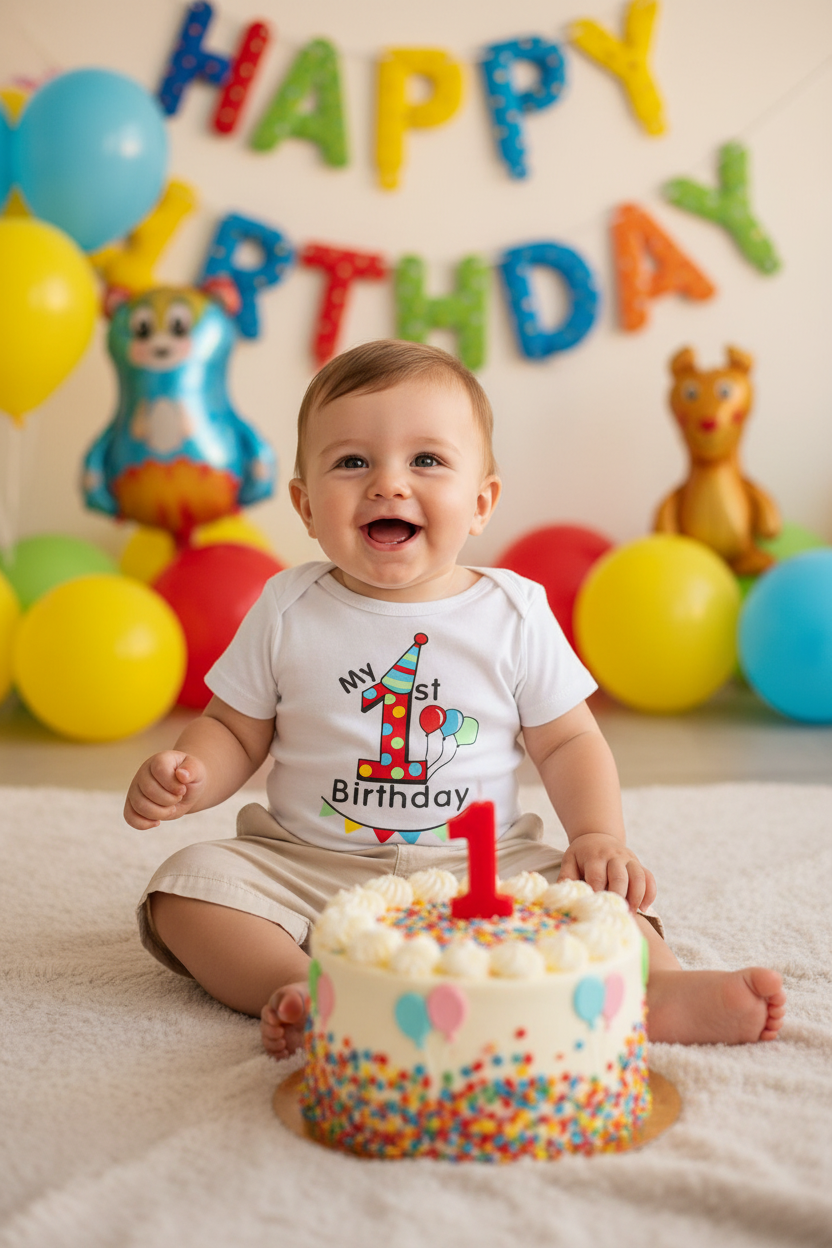 Baby boy wearing the 1st Birthday Bodysuit with beige chino shorts at a 1st birthday party