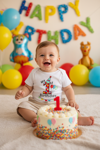 Baby boy wearing the 1st Birthday Bodysuit with beige chino shorts at a 1st birthday party