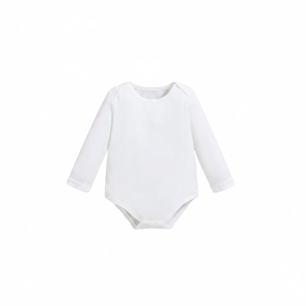 Single white long sleeve baby bodysuit flat lay on white background