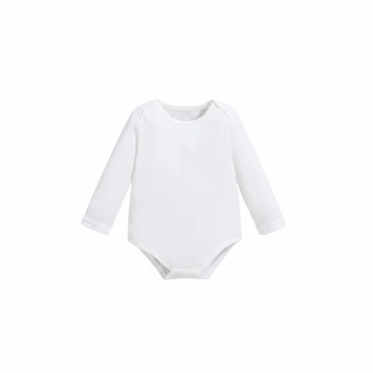 Single white long sleeve baby bodysuit flat lay on white background