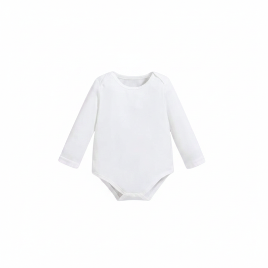 Single white long sleeve baby bodysuit flat lay on white background