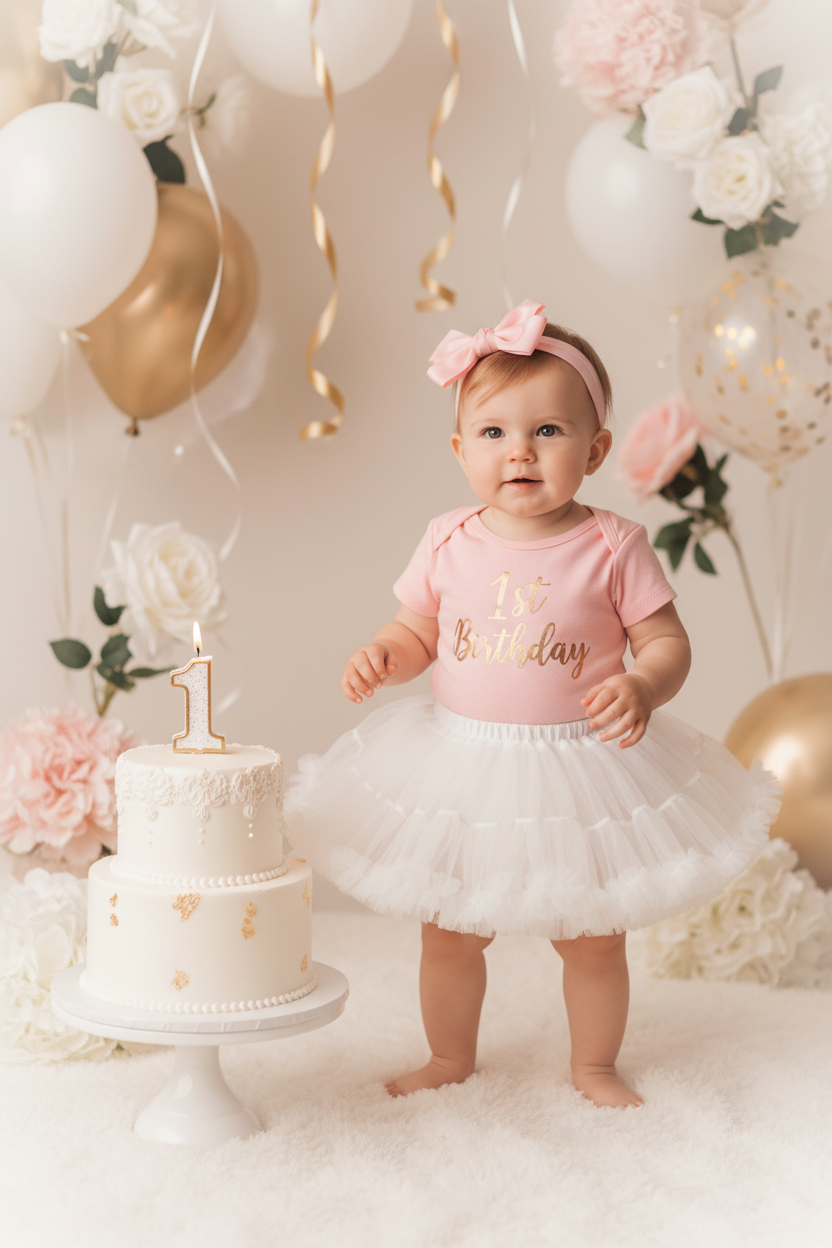 Baby girl wearing the White Tutu Skirt with a pink 1st Birthday bodysuit next to a white and gold birthday cake