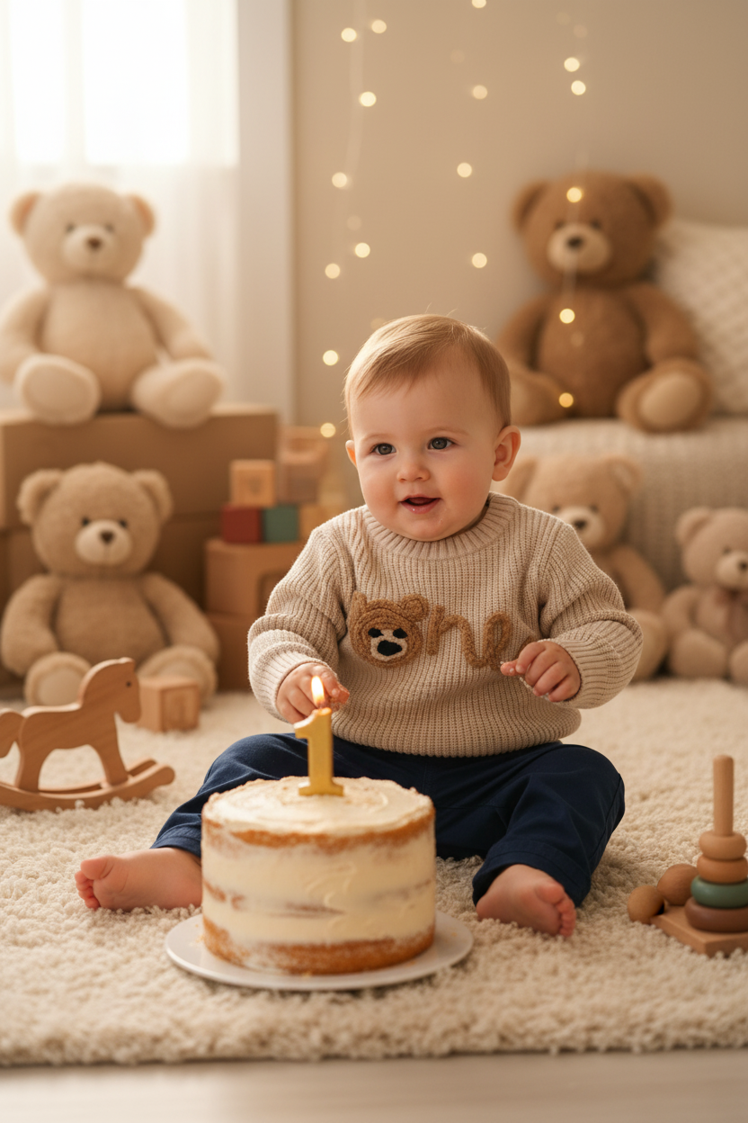 Baby boy wearing the Beige Knitted One Jersey with navy chinos at a 1st birthday party