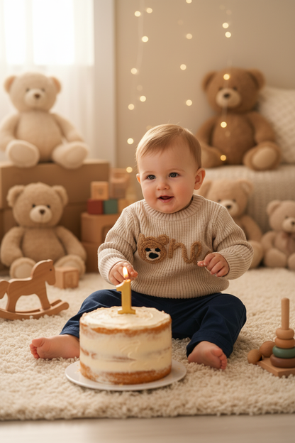 Baby boy wearing the Beige Knitted One Jersey with navy chinos at a 1st birthday party
