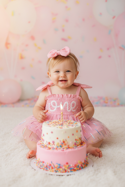 Baby girl wearing the 2pc Pink 1st Birthday Tutu Dress in front of a sprinkle birthday cake
