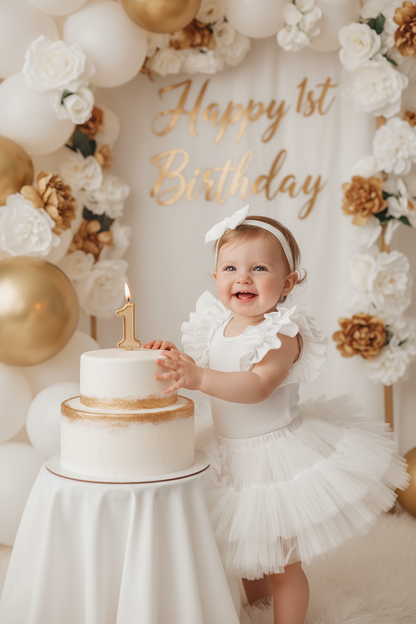 Baby girl wearing the White Ruffle Bodysuit with a white tutu skirt at a white and gold 1st birthday party