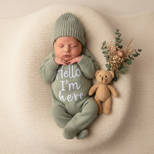Overhead flat lay of newborn baby in sage green knitted romper on a cream knit blanket with teddy and dried flowers