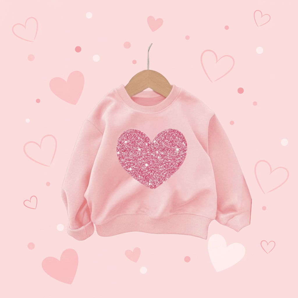 Pink Heart Crew Neck styled with hearts and confetti on pastel pink background