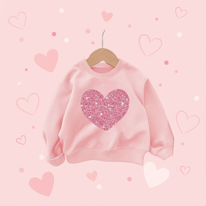 Pink Heart Crew Neck styled with hearts and confetti on pastel pink background