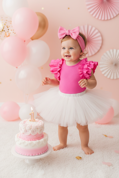Baby girl wearing the Cerise Pink Ruffle Bodysuit with a white tutu skirt at a 1st birthday party