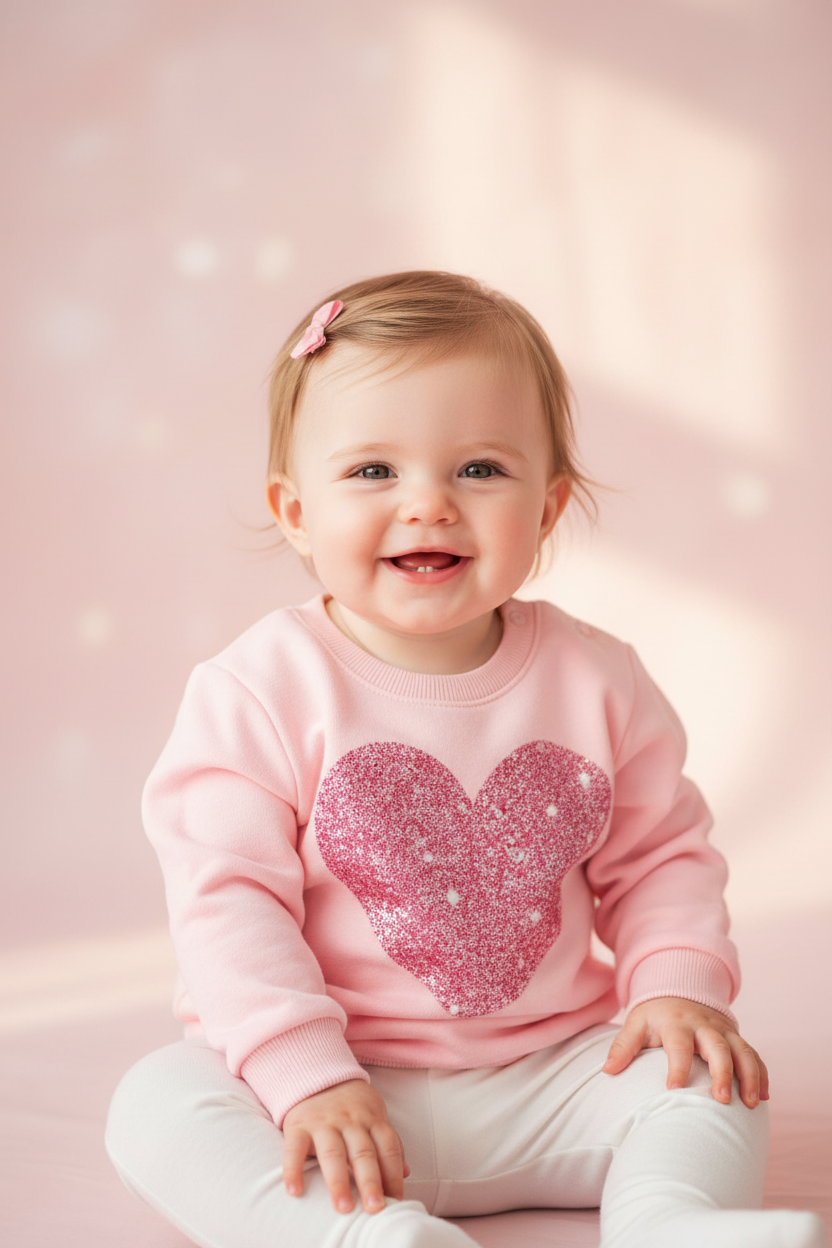 Baby girl wearing the Pink Heart Crew Neck with white leggings