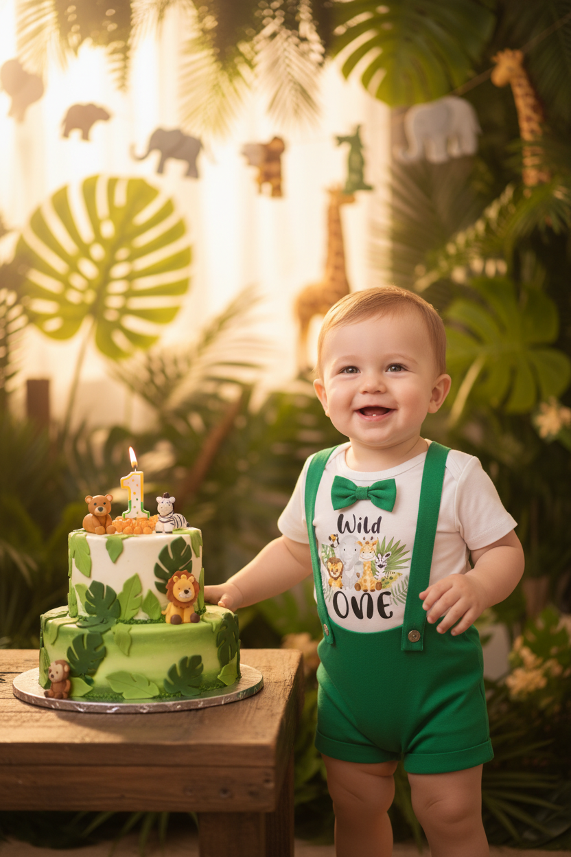 Baby boy wearing the 2pc Animal 1st Birthday Suspender Shorts Set at a jungle safari themed 1st birthday party