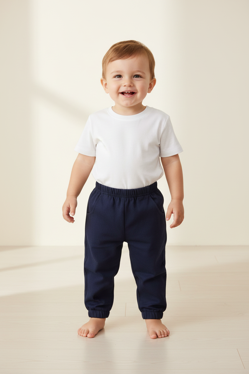 Baby boy standing in navy chino pants with a white t-shirt